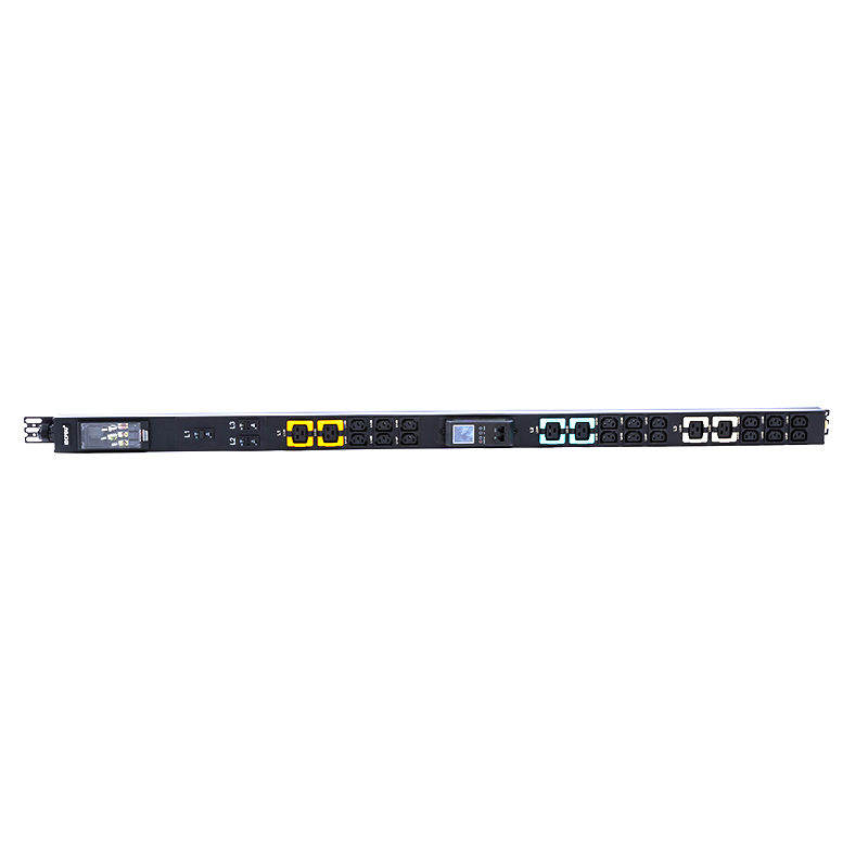 24 Outlet 3 Fase IEC C13 & C19 Soket Dapat Dikunci 1,5U Pemutus Sirkuit Magnetik Cair Vertikal Hot Swappable RS485 Meteran Rak PDU