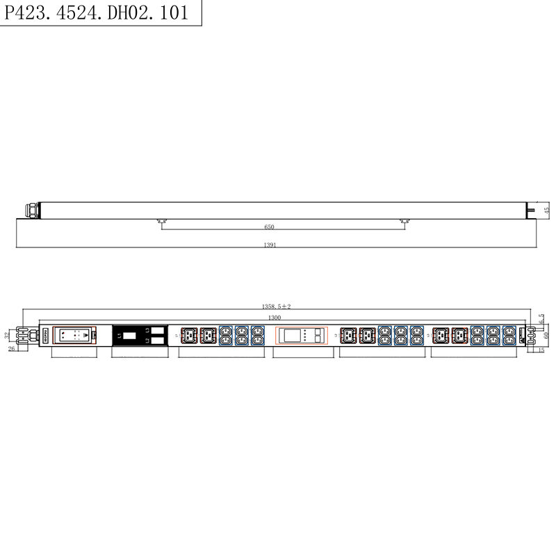 24 Outlet 3 Fase IEC C13 & C19 Soket Dapat Dikunci 1,5U Pemutus Sirkuit Magnetik Cair Vertikal Hot Swappable RS485 Meteran Rak PDU